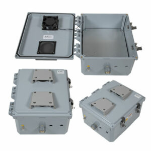 12x10x06 Polycarbonate Weatherproof Outdoor IP24 NEMA 3R Enclosure, 120VAC Mount Plate Mechanical Thermostat 85F Turn on Fan Dark Gray