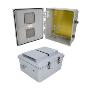NBPC141206-00V_500x500_View1.jpg 14x12x06 Polycarbonate Weatherproof NEMA 3R Enclosure, Modified Base Drilled Mount Vented Dark Gray
