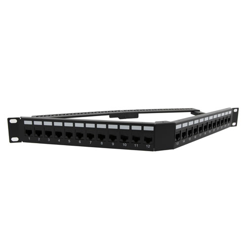 1.75"x19" (1U) 24 Port Right Angle Category 5e Feed-Thru Coupler V-Panel with Cable Manager