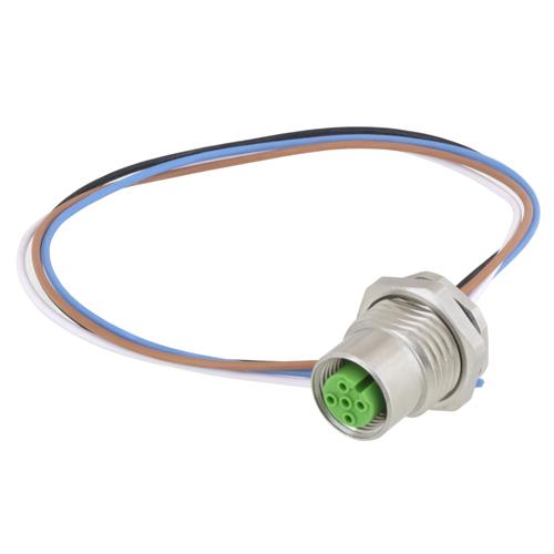 M12 4 Pin A Code Female Receptacle, IP67 Rated, Front Mounting Style with 0.2m Leads