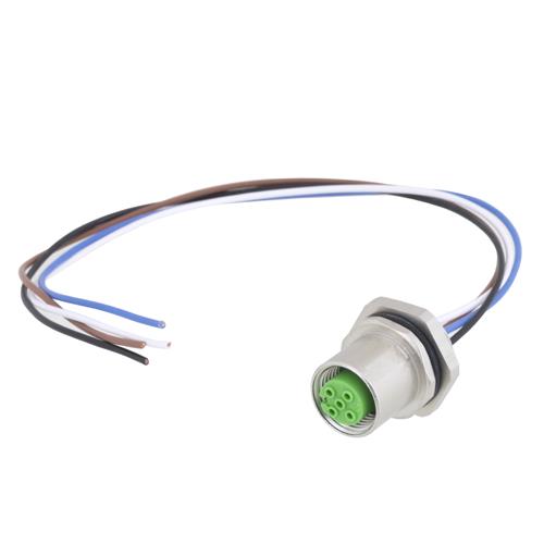 M12 4 Pin A Code Female Receptacle, IP67 Rated, Rear Mounting Style with 0.2m Leads