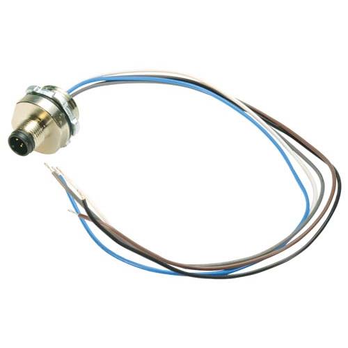 M12 4 Position A Code Male Receptacle, IP69K Rated, Rear Mounting Style with 0.3m Leads