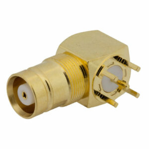 75 Ohm 1.6/5.6 Jack Right Angle Connector Solder Attachment Thru Hole PCB, .200 inch x .052 inch Hole Spacing