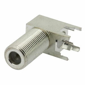 75 Ohm F Female Right Angle Connector Solder Attachment Thru Hole PCB, .320 inch x .091 inch Hole Spacing