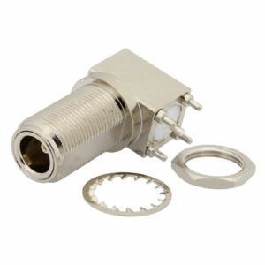 N Female Right Angle Bulkhead Mount Connector Solder Attachment Thru Hole PCB, .596 inch D Hole